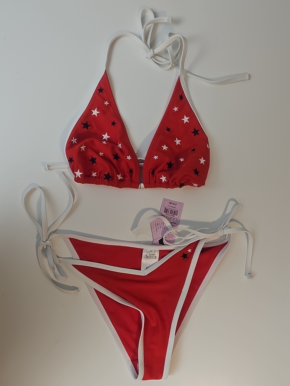 Wild Fable Women's L Embroidered Star-Accent Red Bikini Set with White Trim